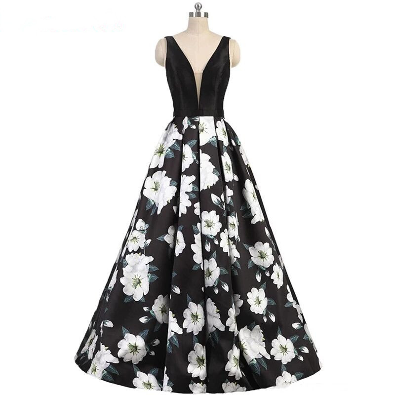 Comercio exterior europeo y americano Amazon AliExpress deseo de las mujeres vestido de noche vestido de novia con cuello en V negro largo vestido floral