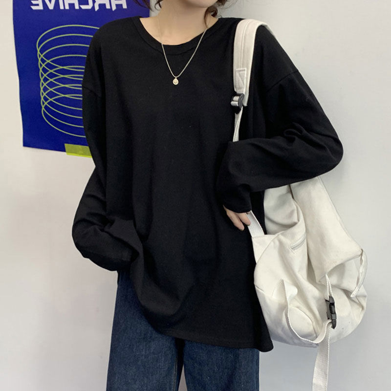 Camiseta básica blanca para mujer, estilo BM de manga larga, nueva colección de principios de otoño 2025, versión coreana, camiseta holgada negra con cuello redondo. image 4