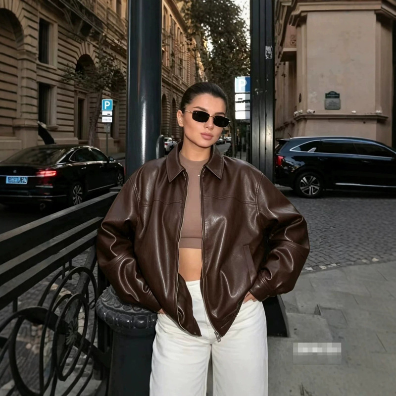 Brown Leather Jacket for Women 2026 Autumn and Winter New Style Maillard American Retro Pu Leather Petite Biker Jacket Women's Clothing