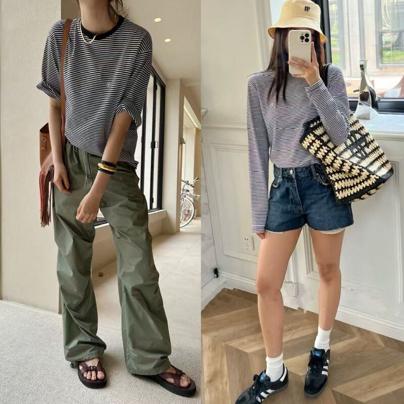 Yuran 26 Spring/Summer New Collection Ab High-End Aesthetic Three-Dimensional Yarn-Dyed Striped Contrast Color Round Neck Straight Short Sleeve T-Shirt