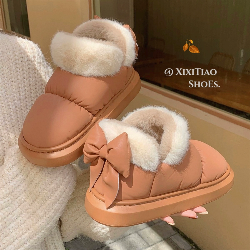 Warm ankle boots, polyurethane upper, plush fur lining with decorative bow, sizes 36–45
