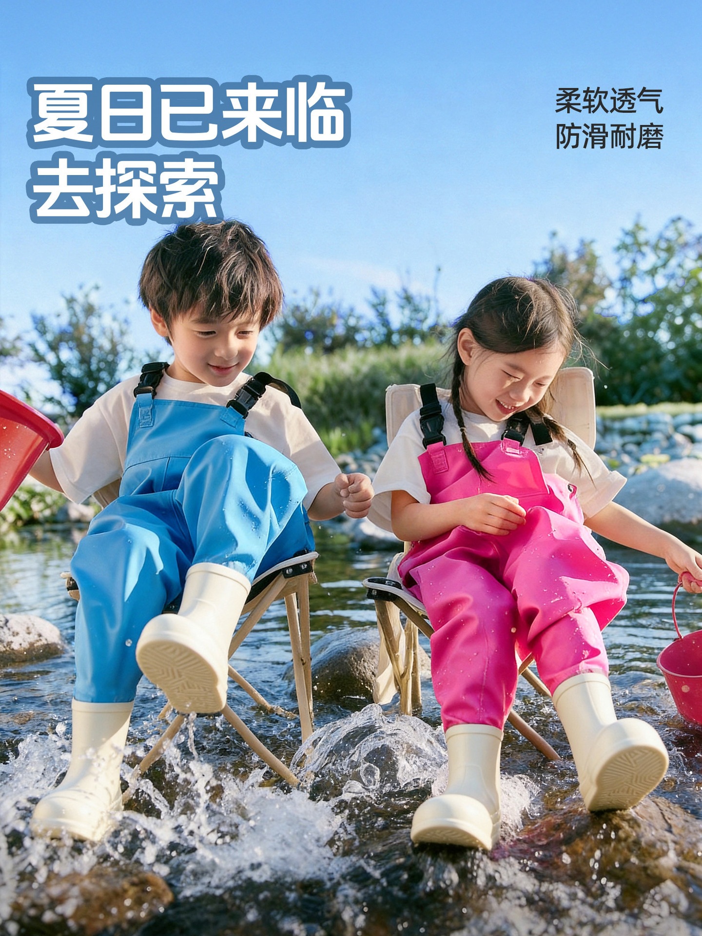 Children's one-piece waterproof wading suit with rain boots and rain pants for water play, suitable for preschoolers
