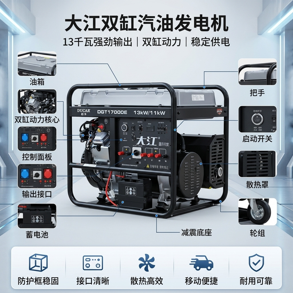Dajiang Gasoline Generator Single-Phase Household Type 220V Three-Phase 380V Industrial 15Kw Commercial Outdoor 15Kva