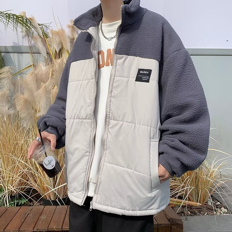 Chaqueta de lana de cordero tendencia masculina 2024 otoño e invierno estilo de Hong Kong costura chaqueta acolchada de algodón pareja ropa acolchada de felpa hermosa marea ins