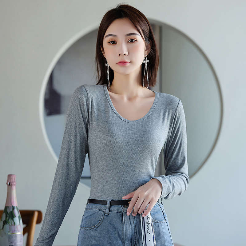 Camiseta de manga larga para mujer, cuello en V, acanalada, de color sólido, para otoño e invierno, modelo T2024