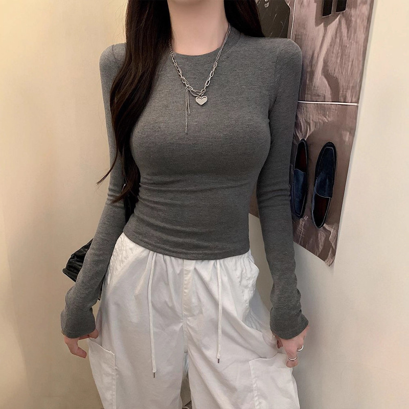 跨境东南亚新款辣妹掐腰长袖T恤女修身显瘦百搭打底衫女装上衣潮|undefined