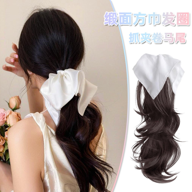 Korean style square towel large intestine hair ring grab clip ponytail wig women's chemical fiber curly hair braid AliExpress cross-border in stock wholesale