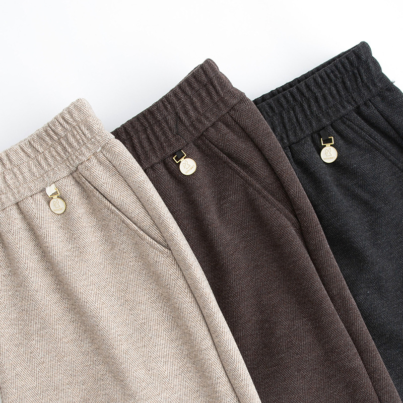 2024 autumn and winter fleece-lined woolen cloth straight pants Joker middle-aged warm pants elastic waist loose deep mother