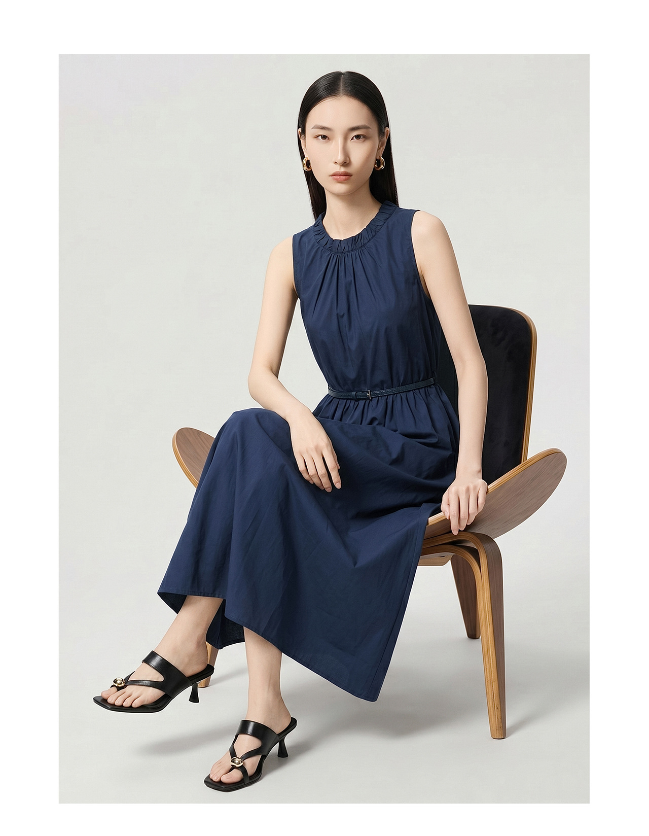 Đầm maxi nữ thắt eo không tay chất cotton phong cách Pháp cổ điển — xanh lam chi tiết 12