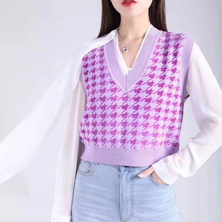 Nuevo chaleco de punto de lana sin mangas con cuello en V, versátil, en blanco y negro con estampado de pata de gallo, para mujer, de la colección de ropa femenina de Brother para la primavera y el otoño de 2024.