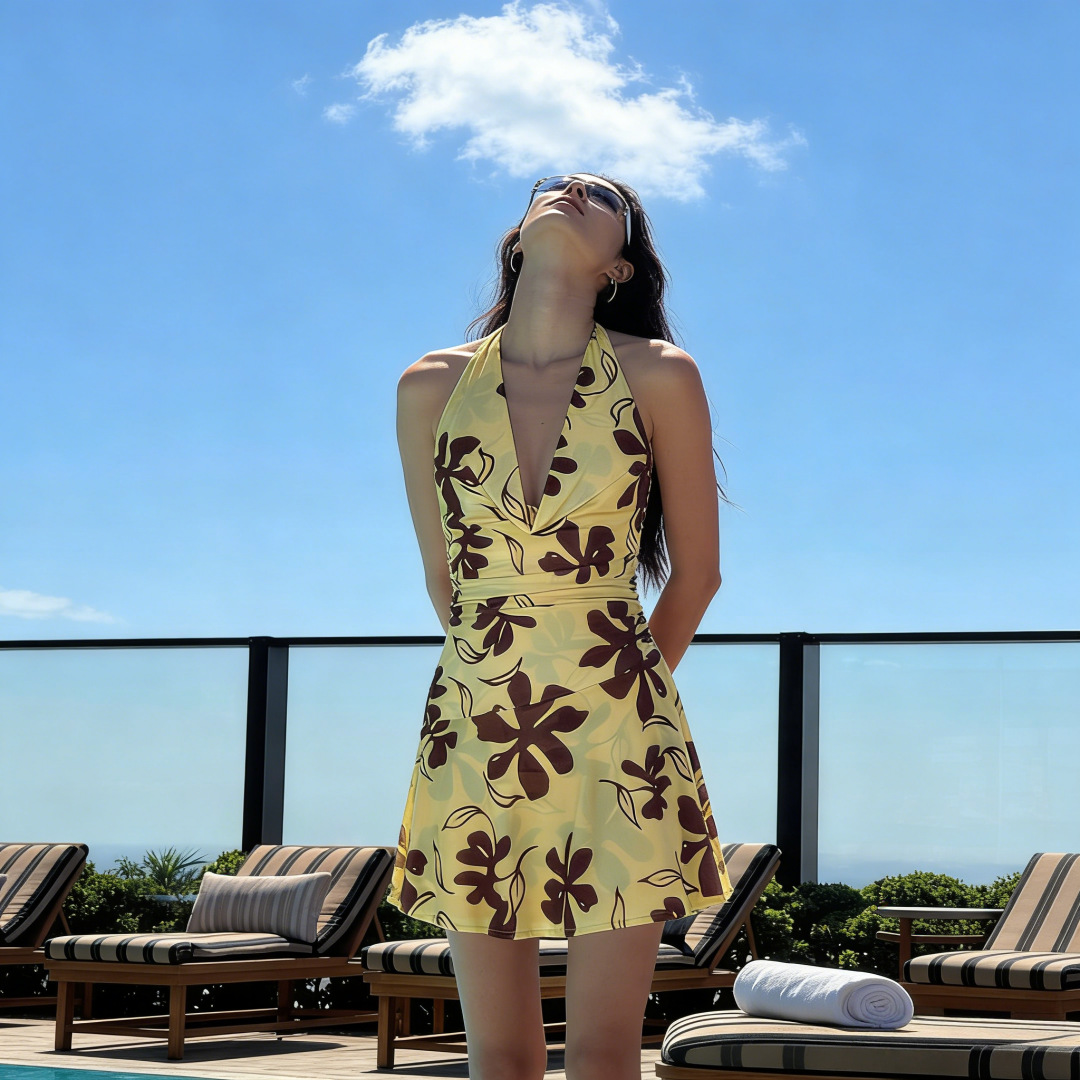 Women's Yellow Ombre Floral Print Cowl Neck Halter Sleeveless Maxi Dress – Boho Summer Resort Gown_ecoleips.com