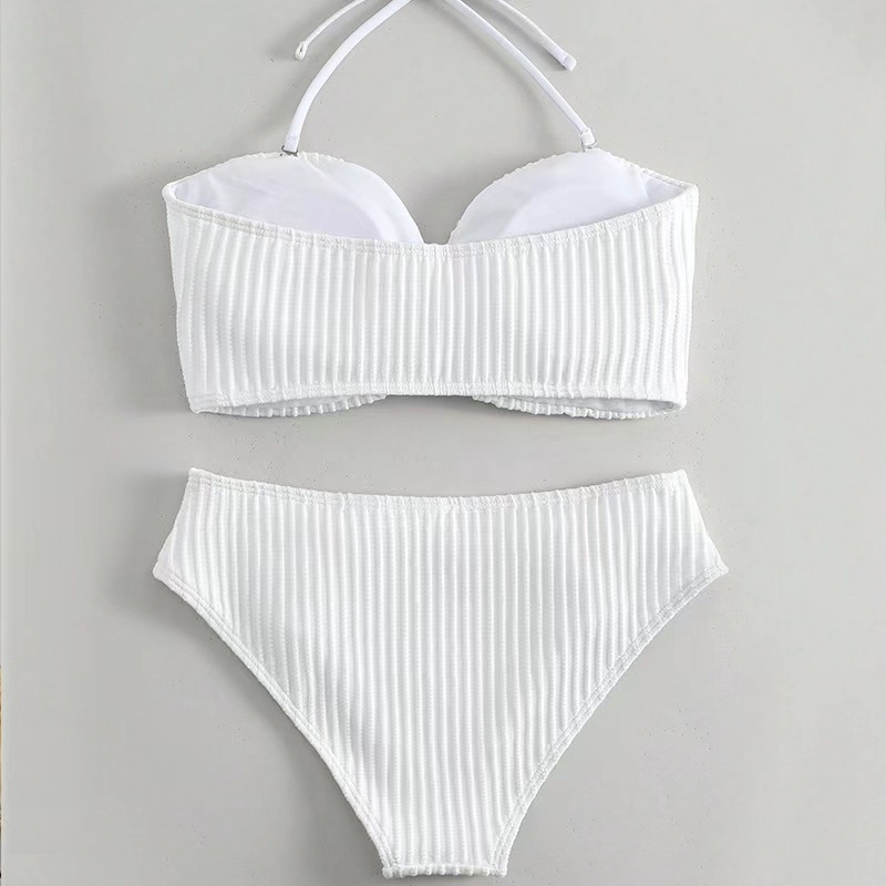 245g Weight Mid Waist Panties Waist Briefs Panties Style Halter Placket Type Bra&Panty Set Bra Category Nylon, Polyester Fabric Type 2 Pieces Set Quantity Swimming Pool, Beach Occasion Stripe, Solid Color Pattern Full Coverage Bra Cup Women's Gender Women's Stripe Solid Color 2 Pieces Set Bikinis Swimwear 13