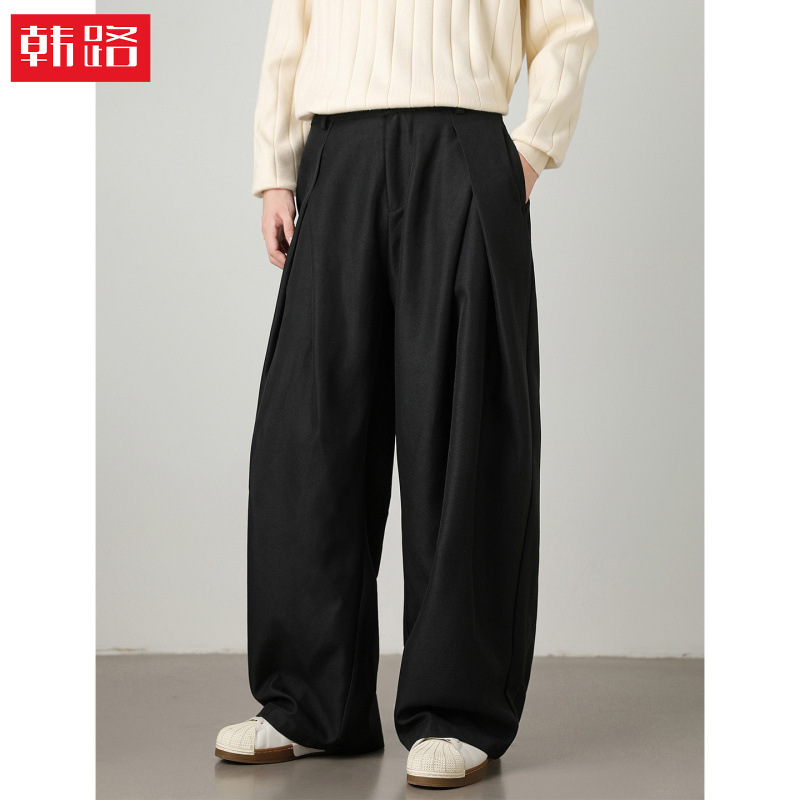 Textured Blended Pleated Drape Casual Men's Trousers, New Autumn Trendy Retro Loose Fit Versatile Long Pants