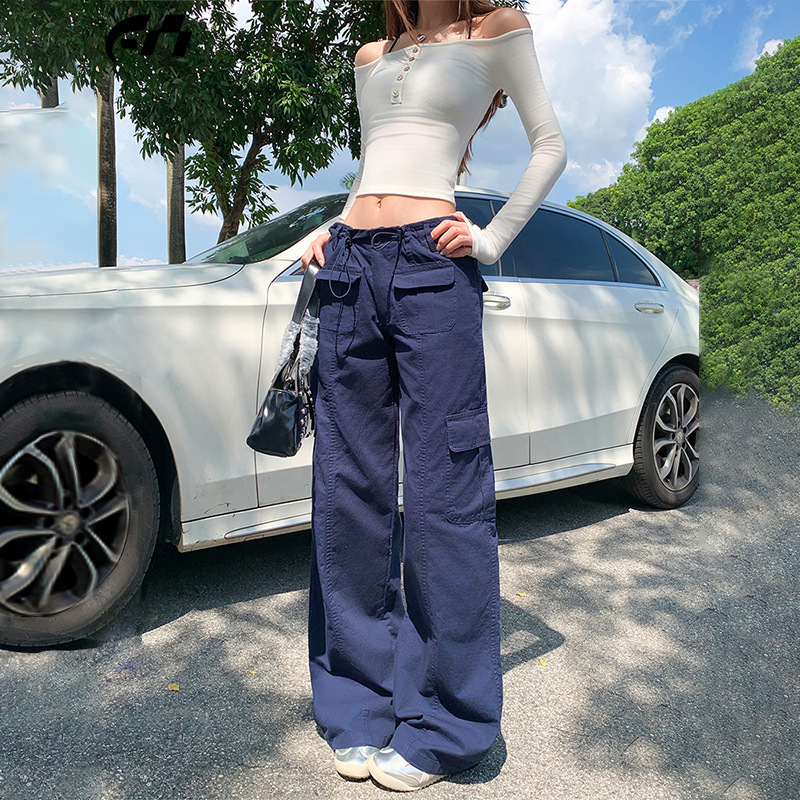 American-Style Low-Waist Cargo Pants for Women, Autumn 2025 New Model, Navy Blue, Multi-Pocket, Slim-Fit, Straight-Leg, Wide-Leg Casual Pants American-Style Low-Waist Cargo Pants for Women, Autumn 2025 New Model, Navy Blue, Multi-Pocket, Slim-Fit, Straight-Leg, Wide-Leg Casual Pants