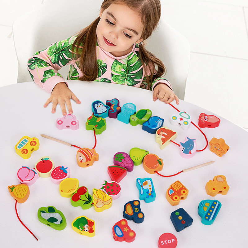 Tráfico de madera frutas mar tema 3 en 1 cuerda cuentas niños pequeños coordinación mano-ojo juguetes de bloques divertidos