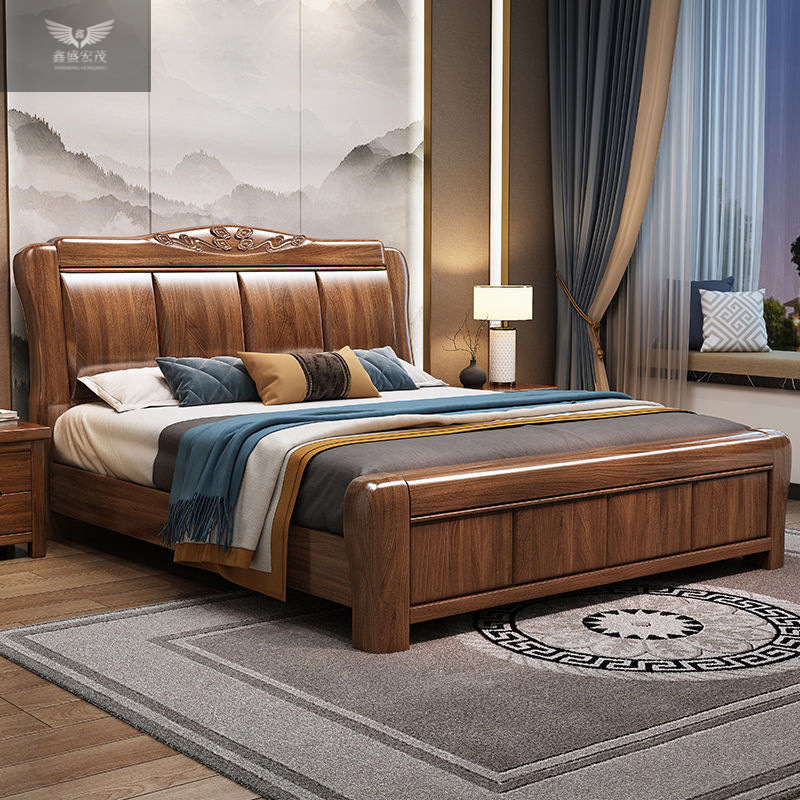 Nuevo estilo chino cama doble queen dormitorio principal 1.5m almacenamiento económico moderno simple cama de matrimonio cama de madera sólida de nuez 1.8m