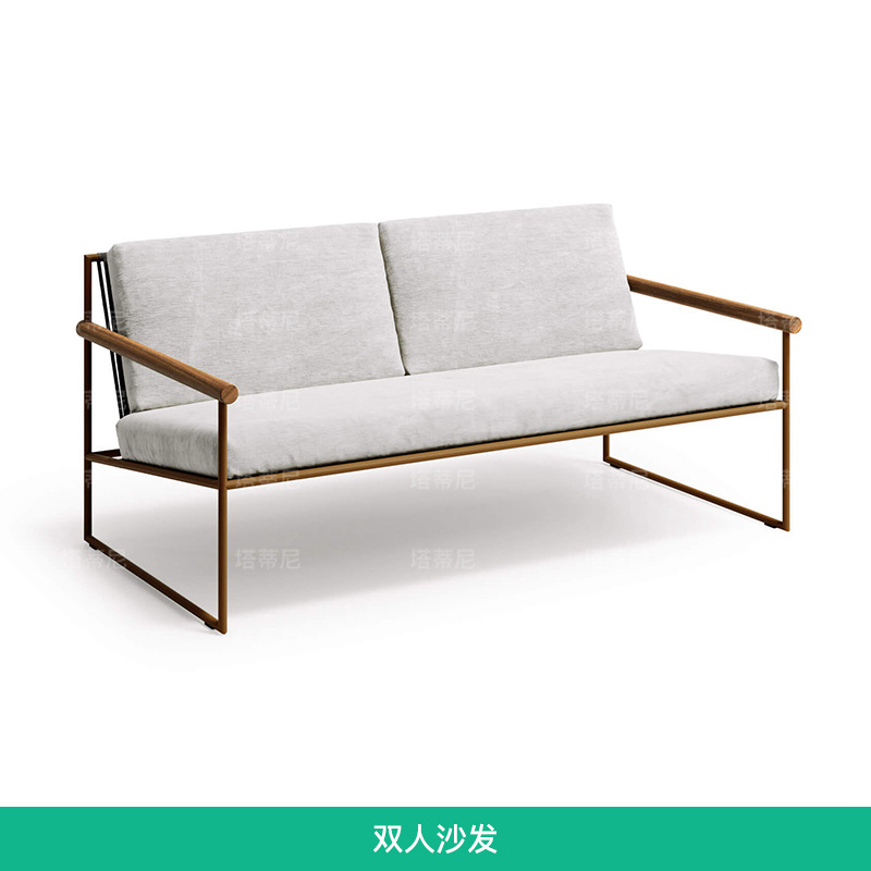Conjunto de muebles de diseño para exteriores, sofá de teca y acero inoxidable para balcón, terraza o jardín.