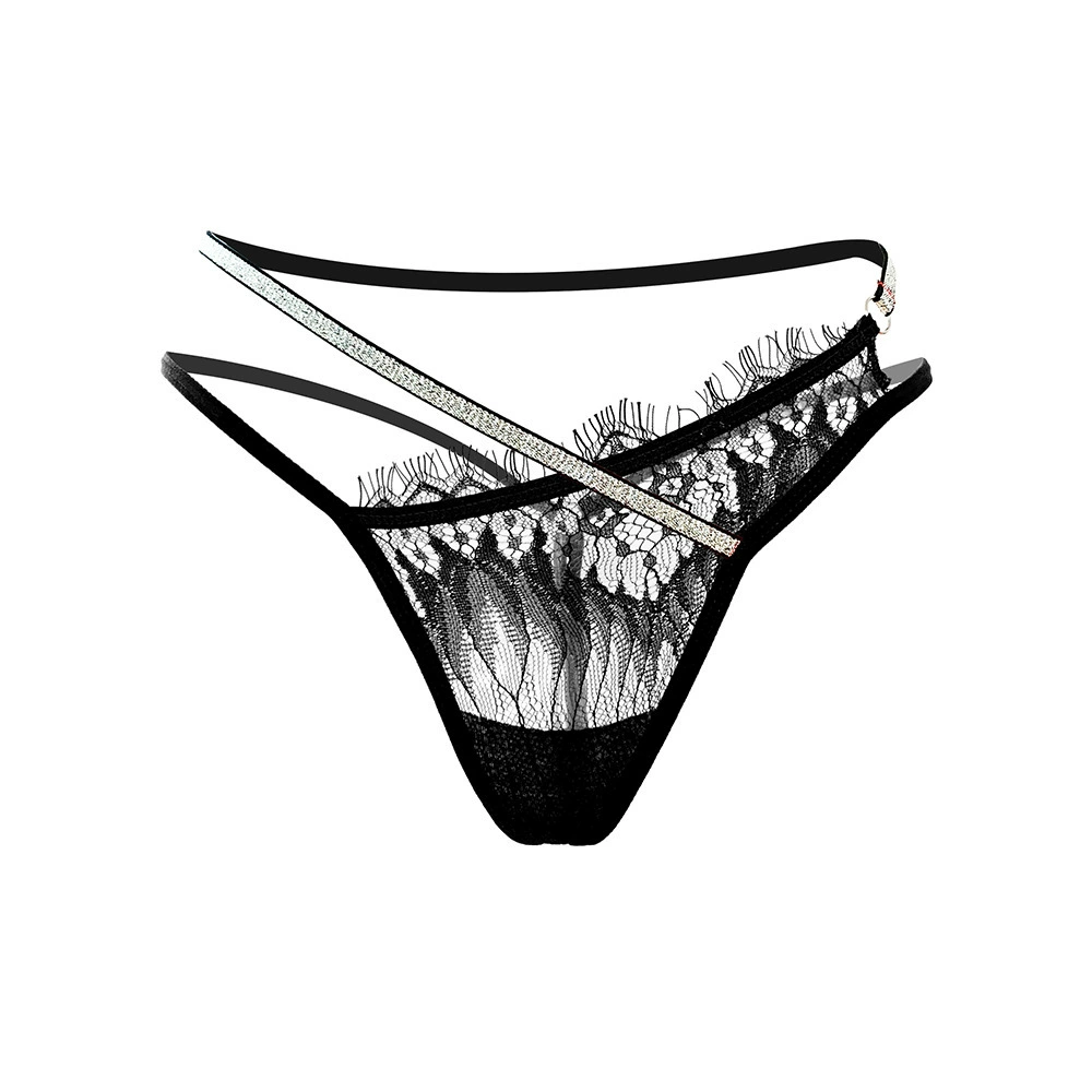 Сексуальное блестящее нижнее белье: модные асимметричные кружевные стринги с тонкими ремешками, тренд сезона