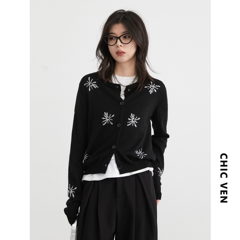 Chicven "Informal College Style Korean Version Round Neck Color-Blocked Sequin Embroidered Knit Cardigan Sweater for Spring