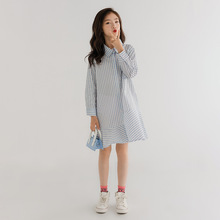 女童连衣裙  2022春夏新款韩版女孩公主裙长袖学院风条纹印花衬衣