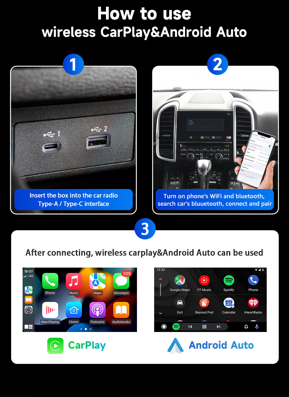 Cross-Border Popular Wireless Carplay Box, Two-In-One Wired to Wireless Android Auto Car-Machine Connectivity Box