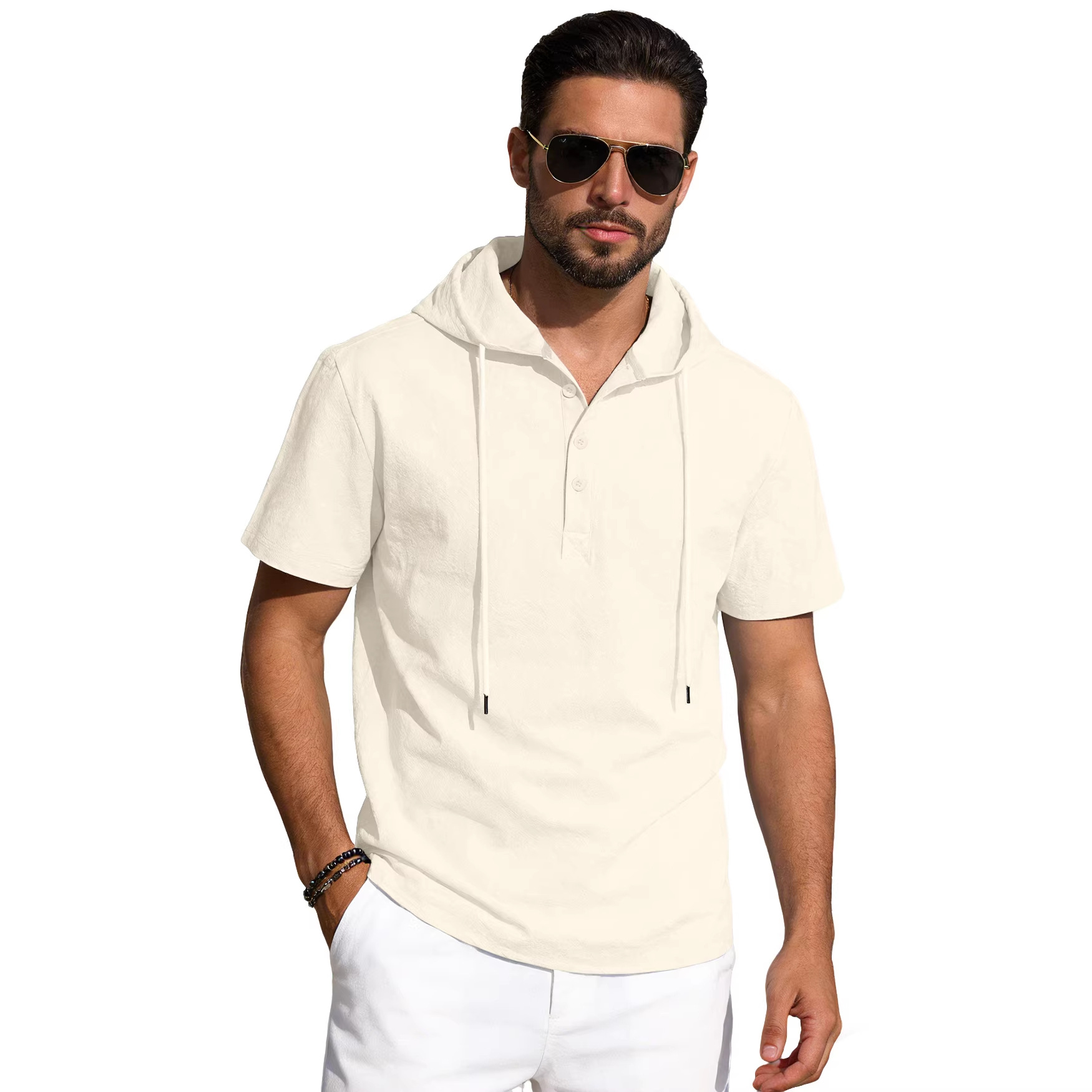 Monochrome Man - 26 Maglietta da uomo in lino, casual da spiaggia, con cappuccio, maniche corte, tinta unita._voghion.com
