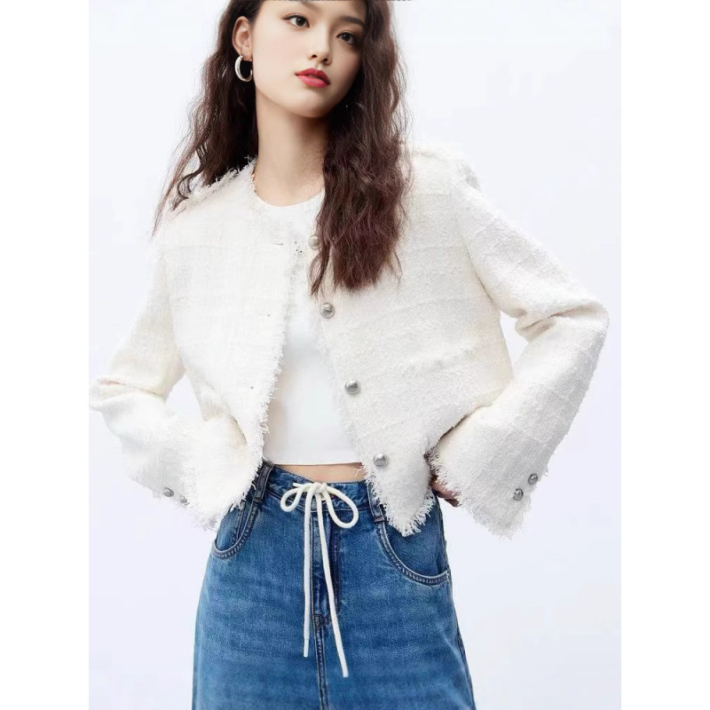 Chanel-Style Heavy-Duty Woven Texture Handmade Tassel Tweed Jacket for Women
