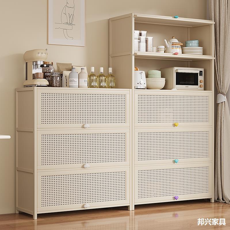 Cream-Style Kitchen Sideboard Storage Microwave Oven Side Cabinet Tea Water Integrated Cabinet Storage Storage Against the Wall