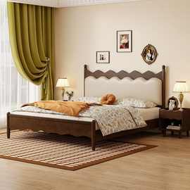 法式复古实木床皮艺软包波浪床1.5米1.8主卧室双人床中古风床婚床
