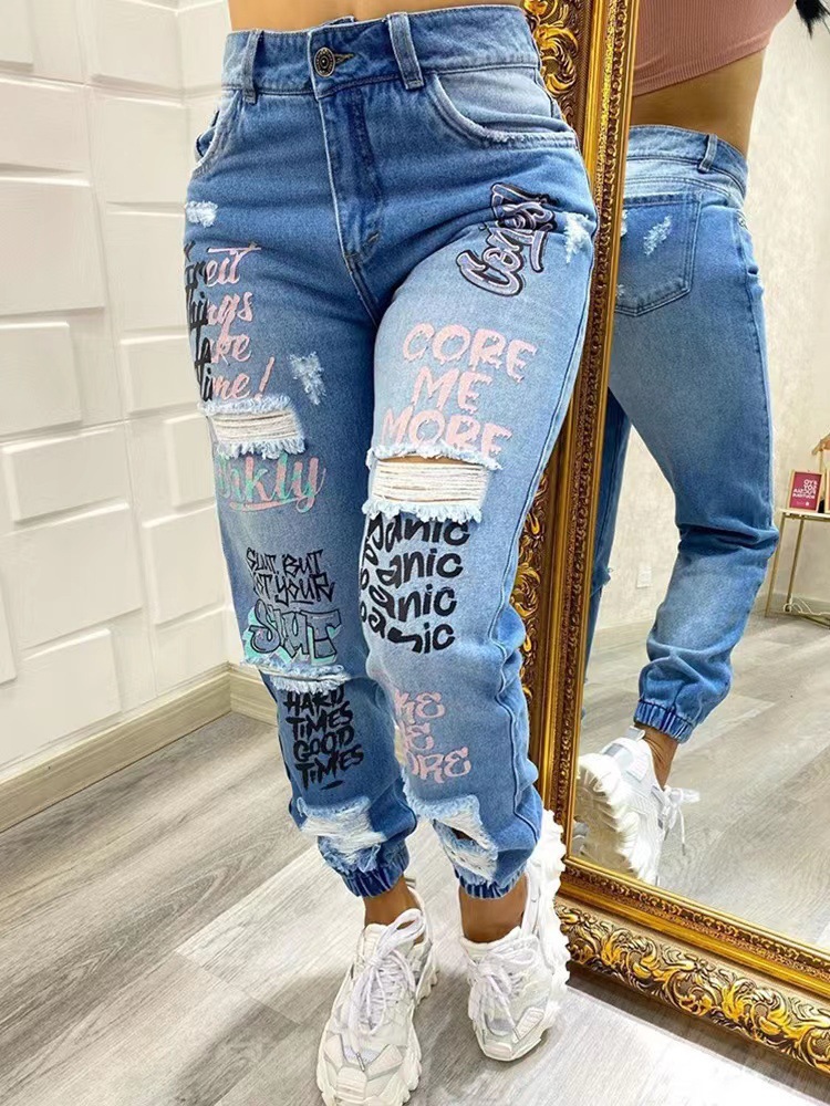 Women's Skinny Jeans Letter Print Ripped Washed Retro Relaxed Everyday Wear Comfortable Feshion_ecoleips.com