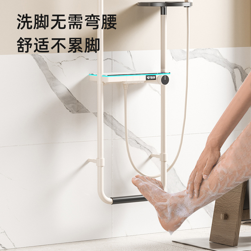 Gun Gris Botón de piano Juego de ducha Pantalla digital blanca lechosa Luz ambiental Estante grande Ducha sobrealimentada