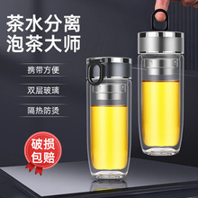 高硼硅耐热茶水分离双层鹅蛋杯男女提环玻璃杯商务车载水杯