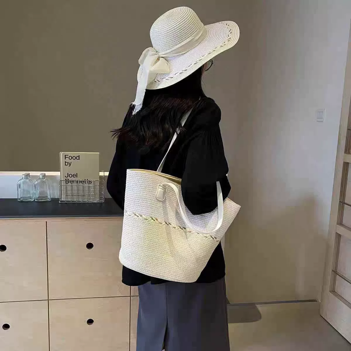 Summer straw hat, bag, universal set with bow, sun protection