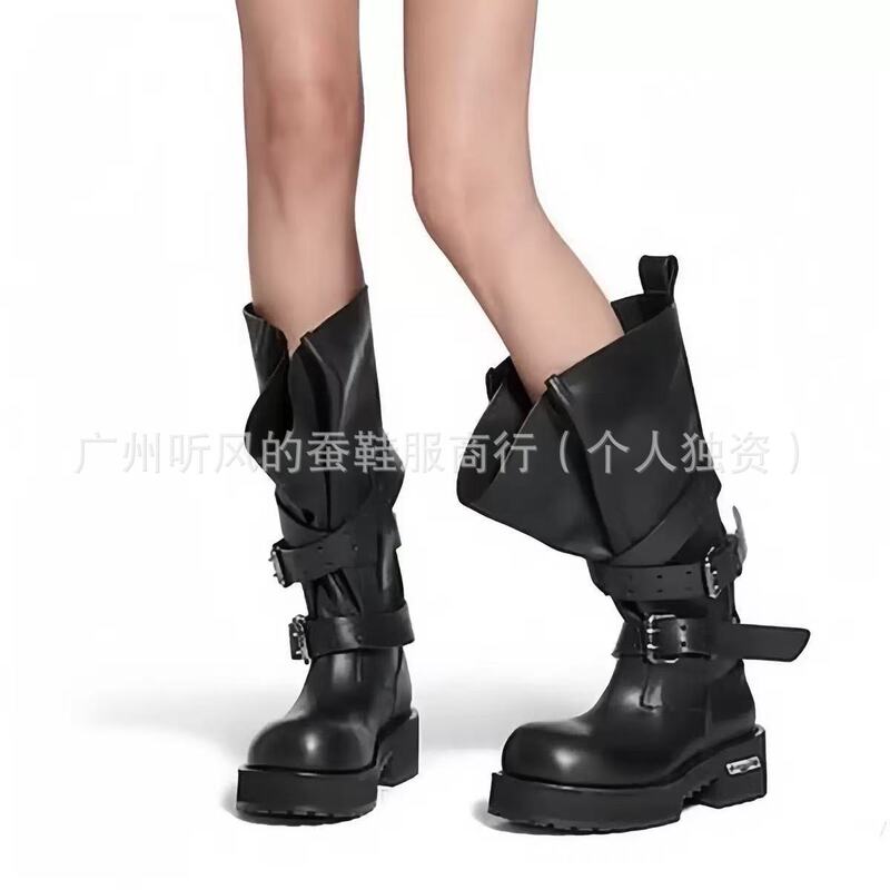 2025新款女厚底高筒机车靴英伦风复古皮带扣马丁靴增高毒液骑士靴|undefined