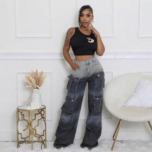 LD2411 Amazon European and American Fashion Women's Multi-Pocket Nail Buckle Gradient Tooling Straight Trendy Denim Pants