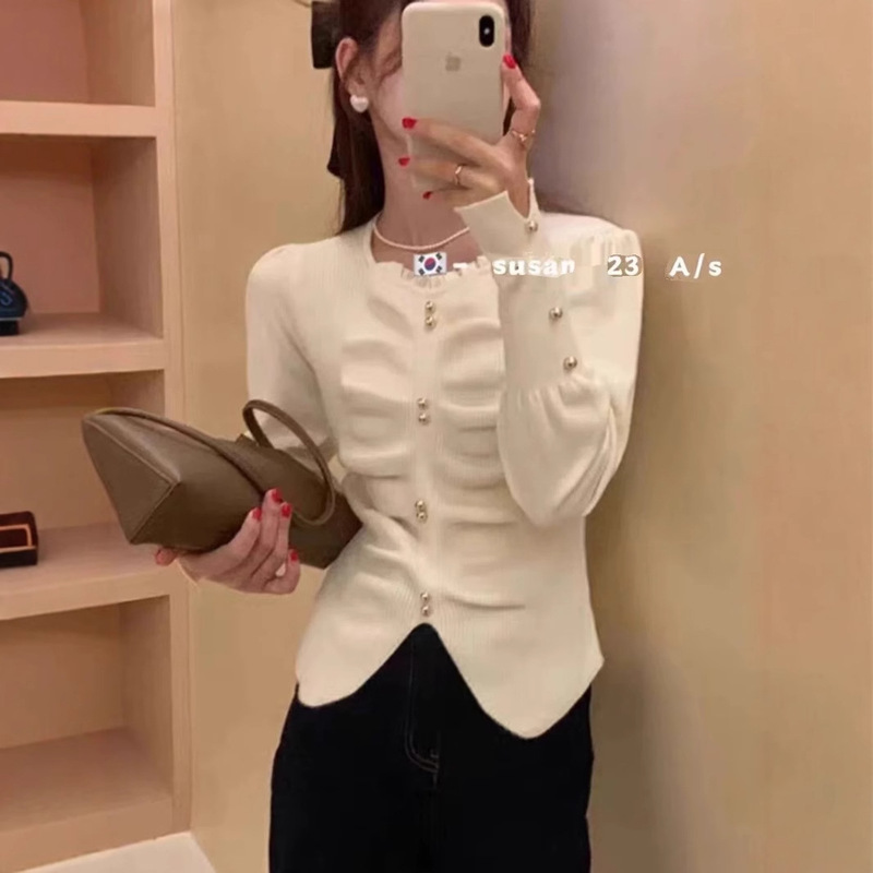 Autumn and Winter New Thickened Puff Sleeve Chanel-Style Lace Round Neck Sweater for Women, Pleated Slim-Fit Base Layer Top