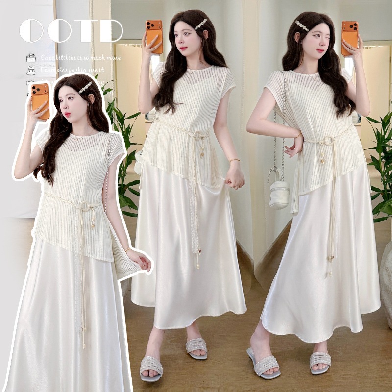 Maternity wear 2026 summer new product: hollowed-out sleeveless knitted top + acetate satin suspender skirt elegant set
