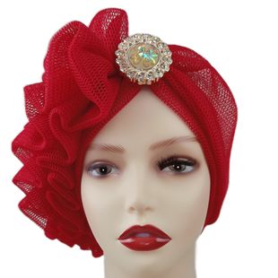 Cross-Border New Muslim Hats with Alloy Decoration, Wrinkled Lace Turban Hats, Direct Sales from Manufacturer, In-Stock Wholesale Ethnic Style