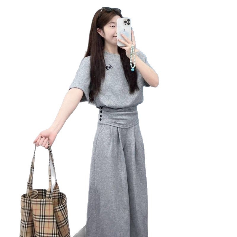 デザイン韓国風斜め肩スポーツスーツ女性の夏のファッション年齢軽減半袖カジュアルツーピースワイドレッグパンツ|undefined