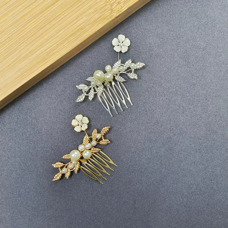 手工編織珍珠水鑽插梳簡約花朵裝飾新娘頭飾婚禮寫真編發發梳批發