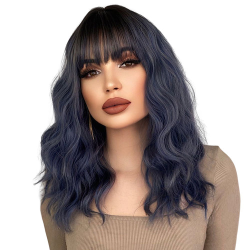 Cross-border Japanese and Korean wigs for women haze blue wavy medium-long curly hair high temperature wire wig set Blue Wigs