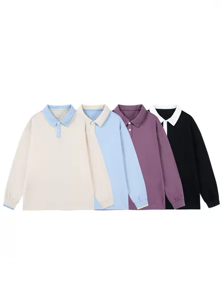 Two-tone collared long-sleeve polo shirt, spring and autumn style, loose casual sports sweatshirt, unisex college style top