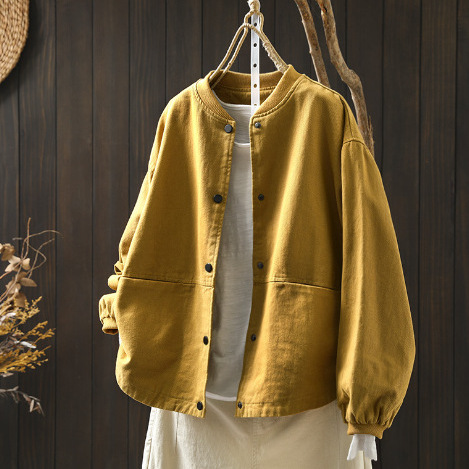 Autumn New Cotton Baseball Collar Short Tops Women's Loose Slim Casual Double Pocket Tops Cardigan Top 50003