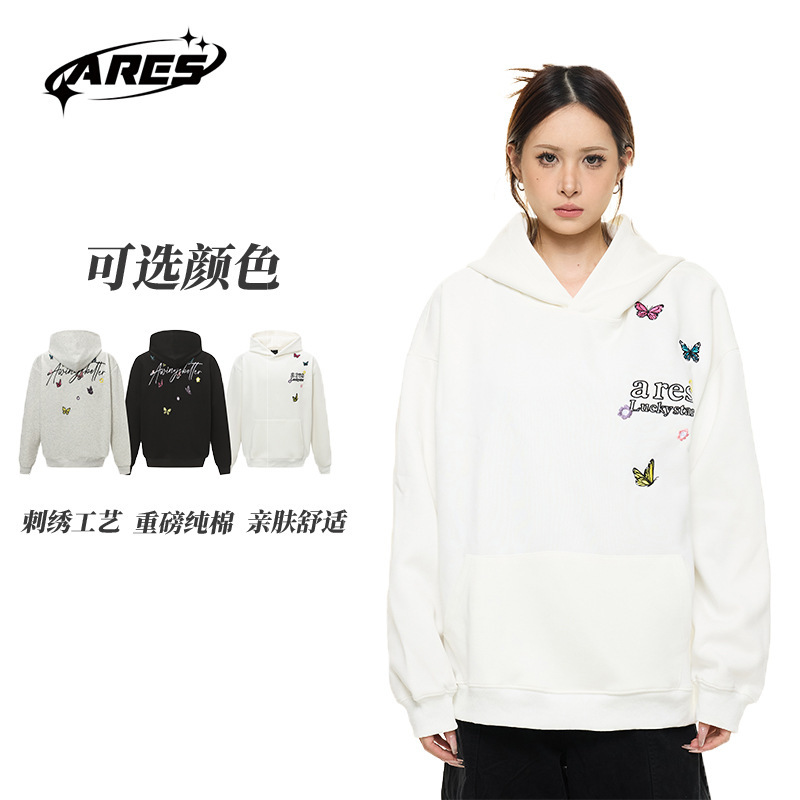ARESWINGS美式重工蝴蝶字母刺绣卫衣男女秋季国潮宽松ins百搭情侣|undefined