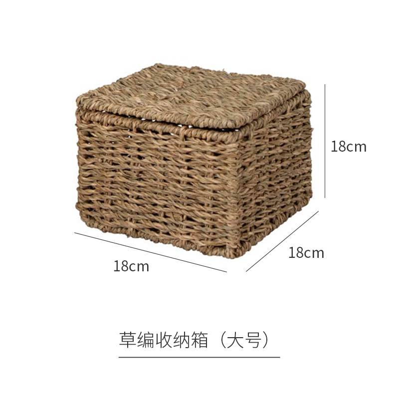 Caja de almacenamiento de paja simple tejida a mano con cubierta sala de estar dormitorio juguetes de ropa caja de almacenamiento de caña cesta de almacenamiento