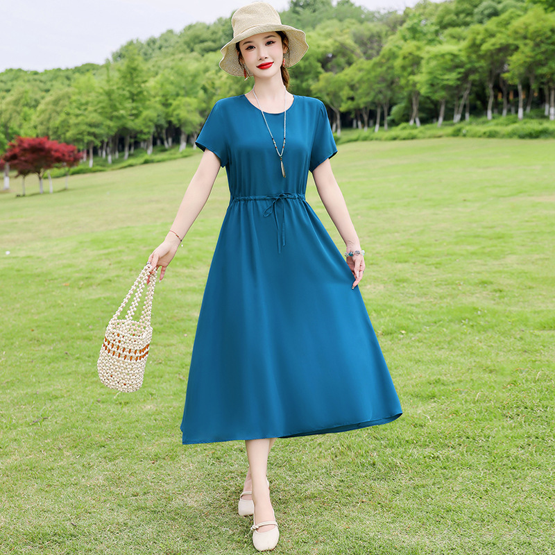 中高年向けの新しい綿シルクドレス、夏の若いスタイル、中年母親の花柄ロングスカート、エレガントなアウターウェア|undefined