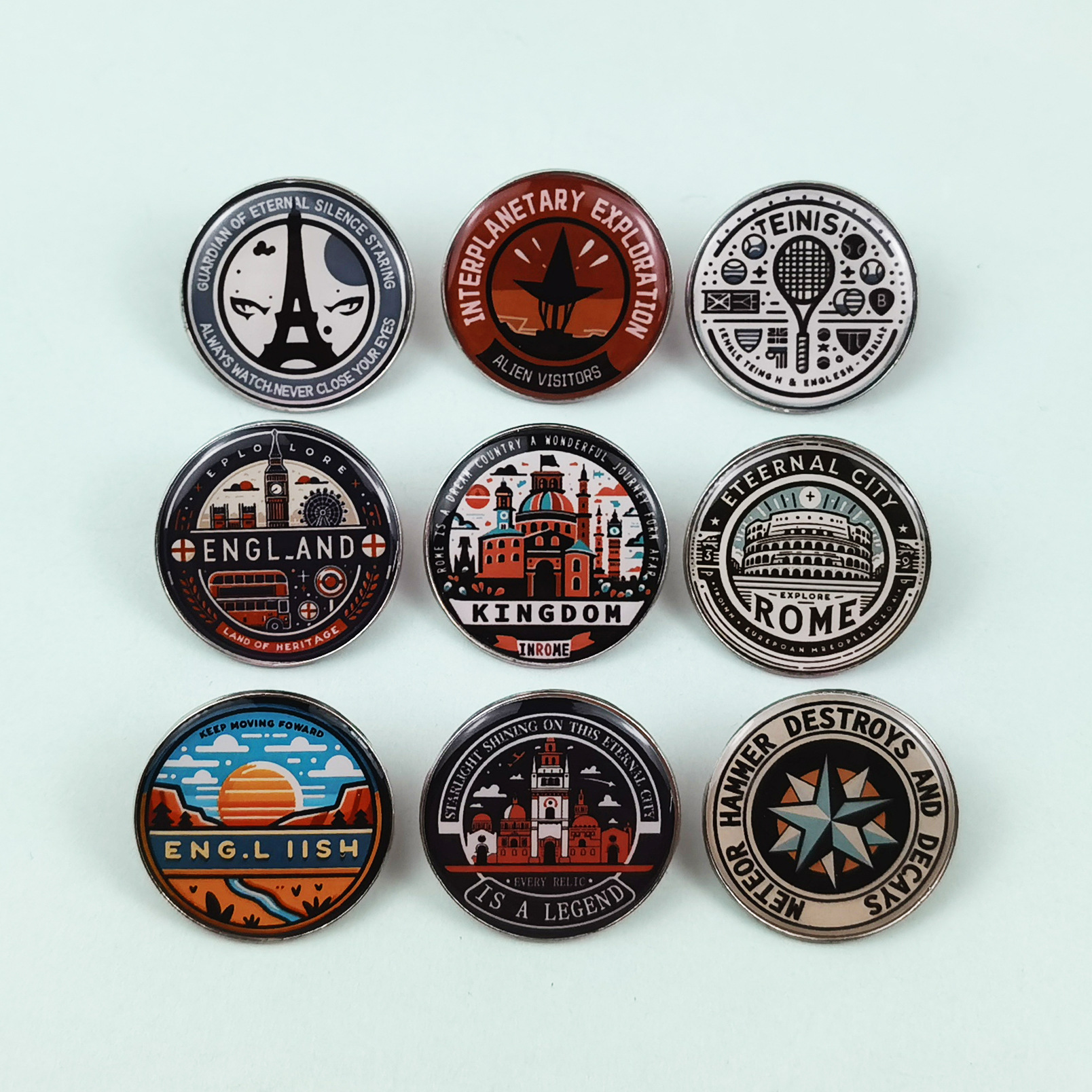 Broche de metal redondo transfronterizo patrón de dibujos animados medalla de joyería estilo retro europeo y americano mochila insignia de alfiler