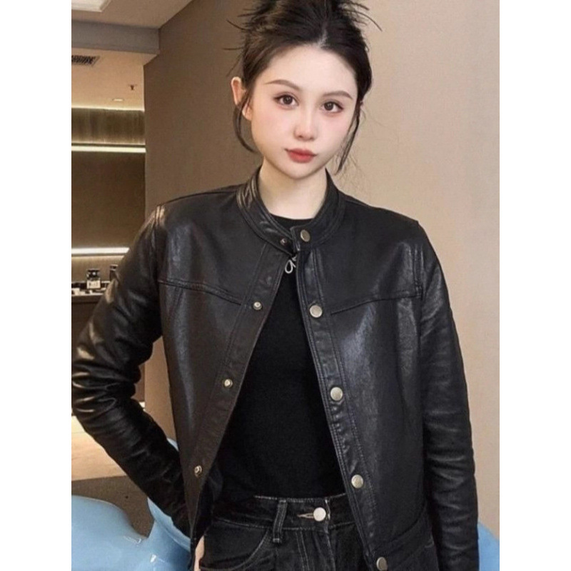 Haining Leather Jacket for Women, Korean Style Short Version for Petite Figures, Stand Collar, Biker Retro Leather Jacket, New Model for Spring and Autumn 2025