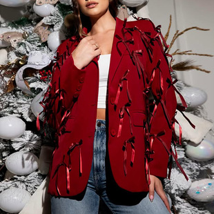 2024 spring new fashion personalized V-neck long sleeve three-dimensional bow stitching design sense small suit jacket for women