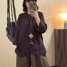 2025秋季新品复古文艺宽松百搭简约休闲亚麻纽扣开衫上衣外套女装